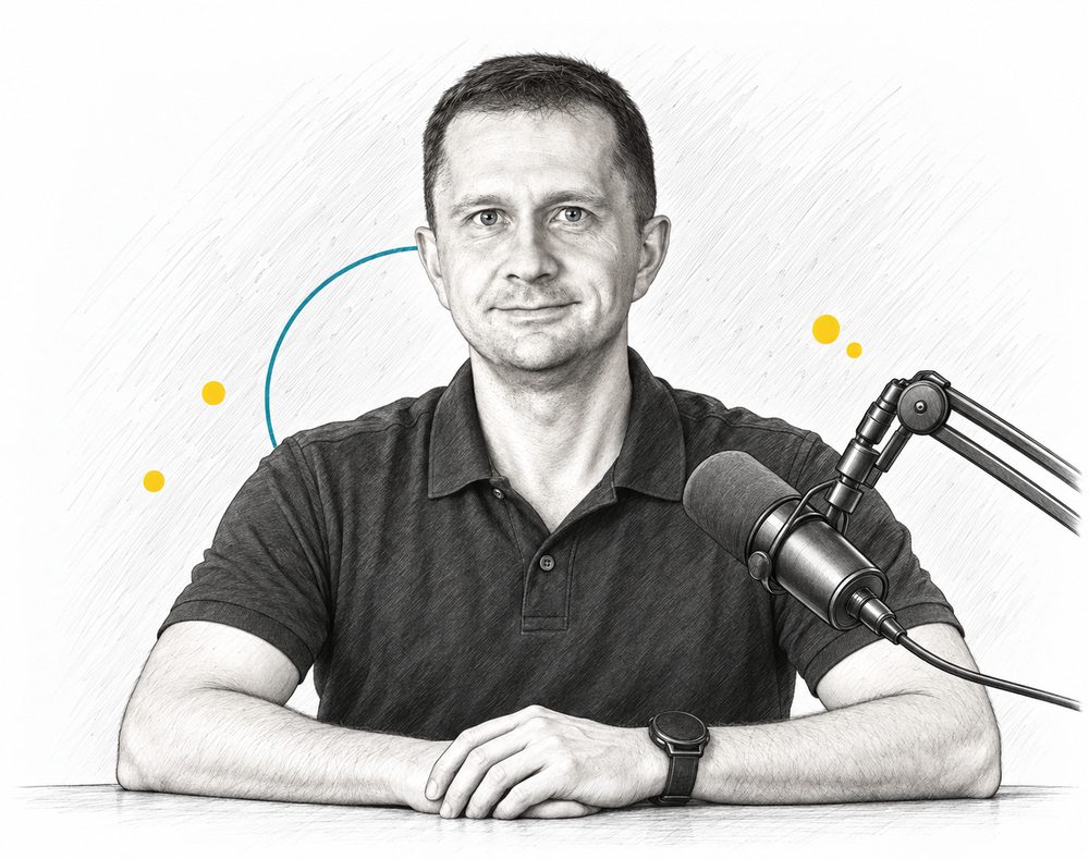 Rysunek: dr Michał Wilk przy mikrofonie